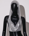 Close-up of shiny silver metallic sequin hooded halter top for party and club wear - Silver