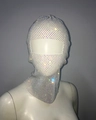 Close-up of sparkling colorful rhinestones on a white elastic mesh full face mask - White AB Rhinestones