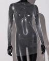 Close-up of sparkling rhinestones on long sleeve mesh mini dress with镂空 structure - One Size / White