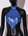 Detailed view of bright blue metal sequin halter top with glossy mesh texture on mannequin - One Size / Sapphire Blue