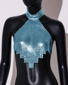 Detail view of shimmering blue metallic sequin halter top with mesh chainmail texture - One Size / Lake Blue