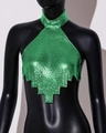Detail of vibrant emerald green sequin mesh halter top with metallic jagged hemline - One Size / Green