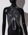 Detail of rhinestone halter top featuring mesh crystal pattern and metal chain fringe - One Size / Black