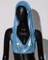 Detailed close-up of blue metallic sequin mesh hooded top on a black mannequin - Lake Blue