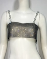 Detail of black mesh crop top featuring colorful rhinestones and silver chain straps - One Size / Black