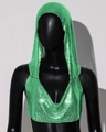 Detail of bright green metallic mesh crop top with deep V-neck and hood for party wear - Green