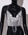 Macro shot of silver metal sequins and delicate chain straps on a sexy V-neck party top - One Size / Silver