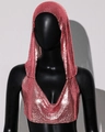 Detail of pink metal sequin halter top featuring a hooded design and sparkly mesh texture - Rose Gold