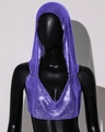 Detail of purple sequin metallic cowl neck top with integrated hood for party wear - Purple