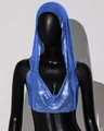 Detail of bright blue metallic mesh sequin crop top with hood for parties - Sapphire Blue