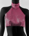 Macro shot of hot pink sequin mesh fabric on a halter crop top with metallic texture - Rose Gold