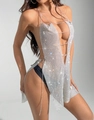 Detail of silver rhinestone mesh chain dress showing sparkling crystals and metal texture - S / Silver