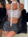 Top a lupetto scintillante con strass argentati e scollo drappeggiato per feste e club - S / Argento
