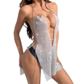 Sexy silver rhinestone mesh halter dress with metallic chains and side slit design - S / Silver
