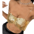 Funkelndes goldenes Neckholder-Top mit Metallpailletten und Ketten für Partys - S / Gold