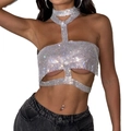 Sexy top a lupetto in maglia metallica argento con strass scintillanti - S / Argento