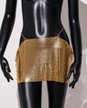 Close-up of golden metallic sequin mini skirt with delicate chain link mesh texture - Gold