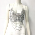 Detail of silver metal sequin halter top with layered chain fringe for festival wear - S / Silver