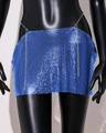 Detail of bright blue metal mesh mini skirt featuring round sequins and silver chains - One Size / Sapphire Blue