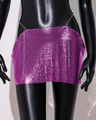 Macro detail of purple metallic sequin mini skirt with silver adjustable waist chain - One Size / Rose Red