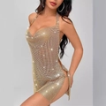 Robe en cotte de mailles champagne doré avec strass scintillants et fente latérale - S / Doré