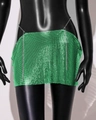Detail view of green metal sequin mesh mini skirt with thin silver waist chain accessory - One Size / Green