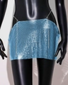 Detailed view of bright blue metallic sequin mini skirt on a black mannequin - One Size / Lake Blue