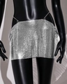 Detail of silver metallic sequin mesh mini skirt with fine chain link and reflective finish - One Size / Silver