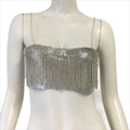 Sparkly silver sequin fringe crop top with metallic chain straps for party wear - One Size / Silver