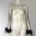 Detail of mesh shrug featuring shimmering rhinestones and black feather cuffs decoration - S / Black