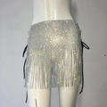 Macro view of silver rhinestone fringe and mesh texture on mini party skirt - S / Silver Tassel Mini Skirt (Silver One)