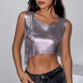 Damen Pailletten-Oberteil in Silber aus Metall für Musikfestivals und Partys - S / Silber