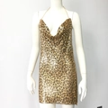 Close-up of leopard print metal sequin mini dress with deep V-neck and chain straps - S / Gold Leopard (Style 2)