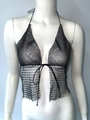 Close-up of black mesh halter top featuring sparkling rhinestones and lace-up fringe details - S / Black