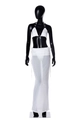 Detail of white bikini top with metal ring connector and mesh drawstring maxi skirt - L / White