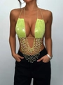 Dettaglio top halter verde neon con paillettes e frange di cristallo a rete scintillanti - Verde fluorescente