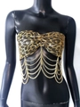 Detalle del top bandeau de lentejuelas de leopardo con flecos de cadenas doradas en capas - S / Estampado de Leopardo Dorado