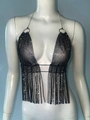 Close-up of black rhinestone fishnet body chain top with sparkling fringe tassels - S / Black