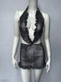Detail of black mesh two-piece set featuring shimmering rhinestones and halter neck design - S / Black