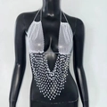 Sparkly silver rhinestone halter body chain top with fishnet fringe for parties - S / White