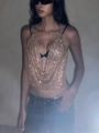 Sexy goldenes Neckholder-Top aus Kettengeflecht mit Strass und Metallring für Partys - S / Gold