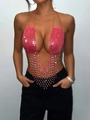 Sparkly hot pink rhinestone halter crop top with fringe detail for party events - S / Red