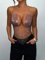 Top halter con strass rosa e frange di cristallo scintillanti per feste rave - Colore caramello