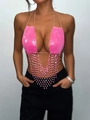Top a fascia rosa con paillettes, nappe di strass e frange di perline per feste club - Rosso rosa