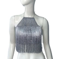 Top corto plateado con flecos brillantes y diamantes para fiestas y festivales - S / Plateado