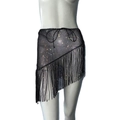 Sexy black rhinestone mesh skirt with asymmetrical fringe detail for party wear - S / Black