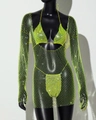 Close-up of neon yellow rhinestone fishnet dress set with sparkling crystals and mesh fabric - One Size / Green