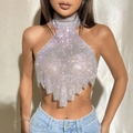Top corto sexy con cuello halter y diamantes de imitación con dobladillo irregular - S / Plateado