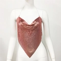 Detail of rose gold sequin metal mesh halter top with delicate chain straps on a mannequin - One Size / Rose Gold