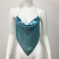 Macro detail of bright blue metallic mesh sequin camisole with silver neck chain - One Size / Sky Blue
